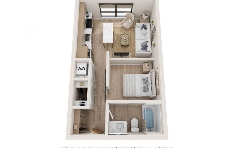 Aspire : R - 1 bedroom floorplan layout with 1 bath and 522 square feet. (3D)