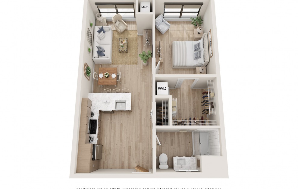 Theory - 1 bedroom floorplan layout with 1 bath and 661 square feet. (3D)