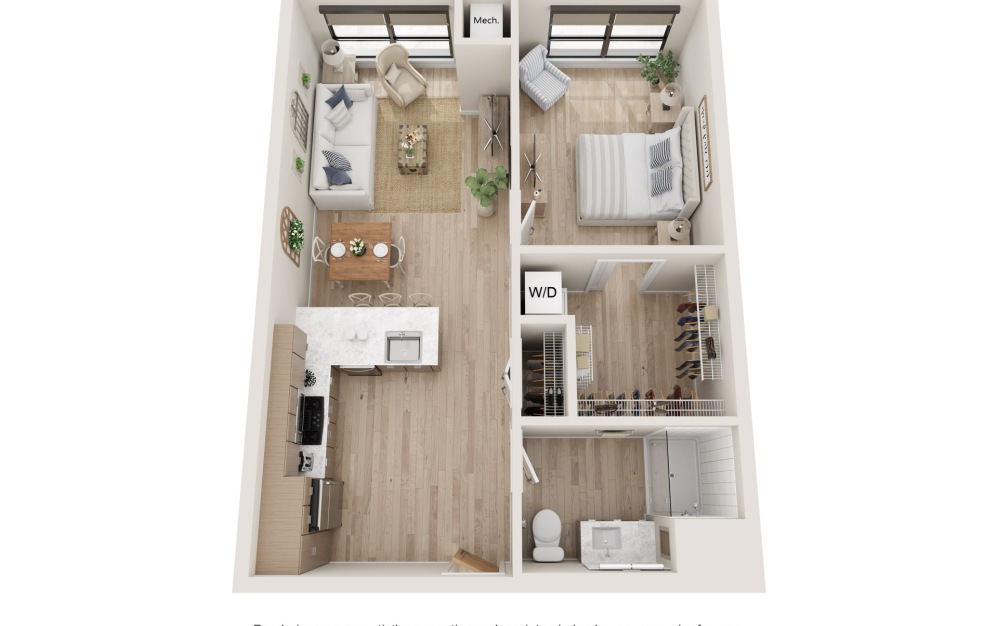 Theory - 1 bedroom floorplan layout with 1 bathroom and 661 square feet (3D)