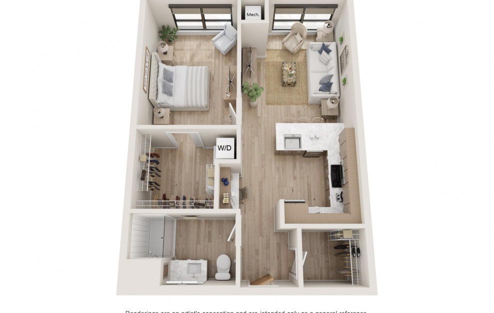 Align - 1 bedroom floorplan layout with 1 bath and 684 square feet. (3D)