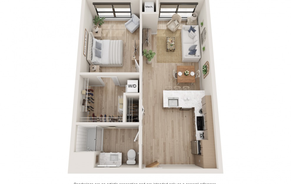 Theory : R - 1 bedroom floorplan layout with 1 bath and 661 square feet. (3D)