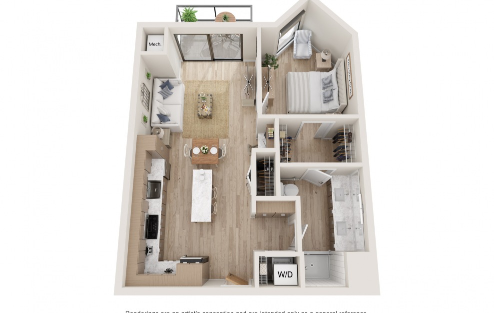 Infinity - 1 bedroom floorplan layout with 1 bath and 728 square feet. (3D)