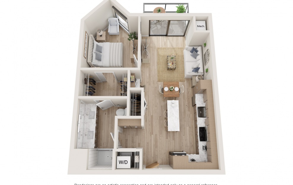 Infinity : R - 1 bedroom floorplan layout with 1 bath and 728 square feet. (3D)