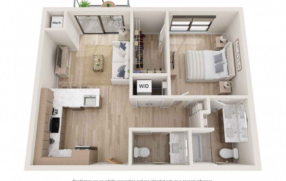 Ellipse - 1 bedroom floorplan layout with 1 bath and 760 square feet. (3D)