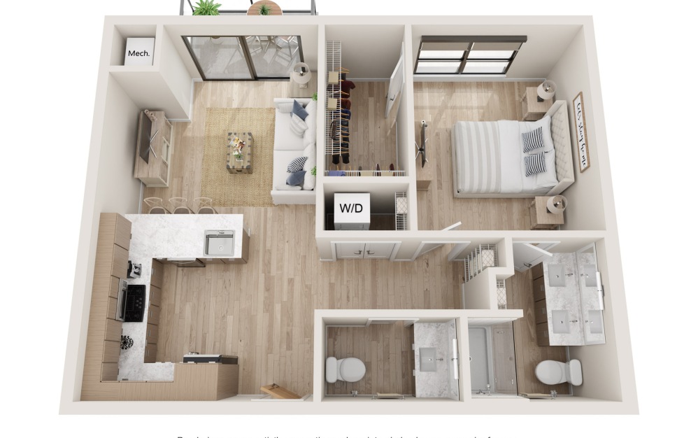 Ellipse - 1 bedroom floorplan layout with 1 bathroom and 760 square feet (3D)