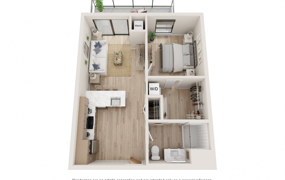Radius - 1 bedroom floorplan layout with 1 bath and 645 square feet. (3D)