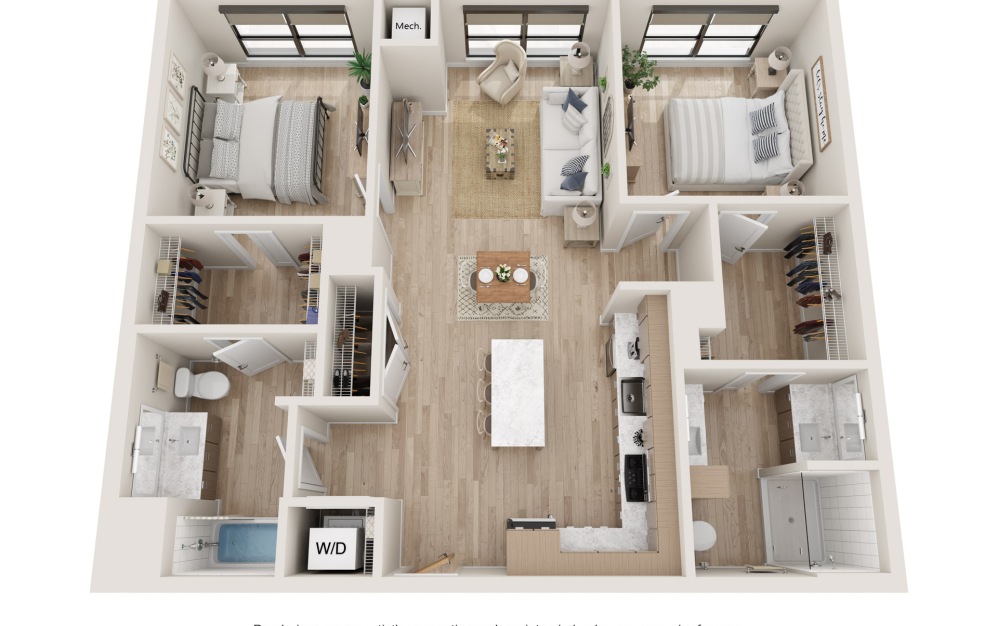 Symmetry - 2 bedroom floorplan layout with 2 bathrooms and 1051 square feet (3D)