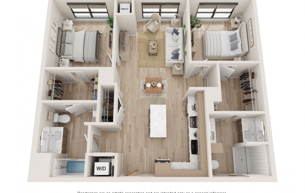 Symmetry - 2 bedroom floorplan layout with 2 baths and 1051 square feet. (3D)
