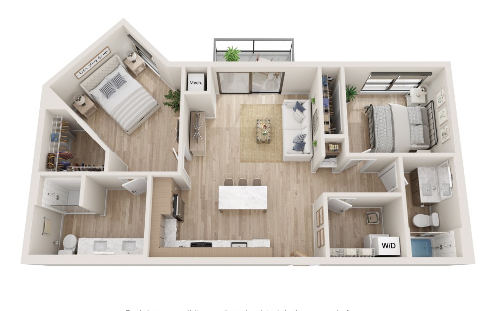 Alliance - 2 bedroom floorplan layout with 2 bathrooms and 1023 square feet (3D)