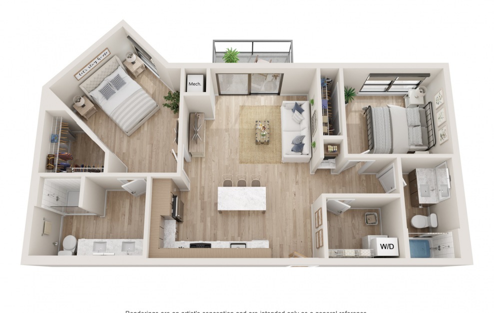 Alliance - 2 bedroom floorplan layout with 2 baths and 1023 square feet. (3D)