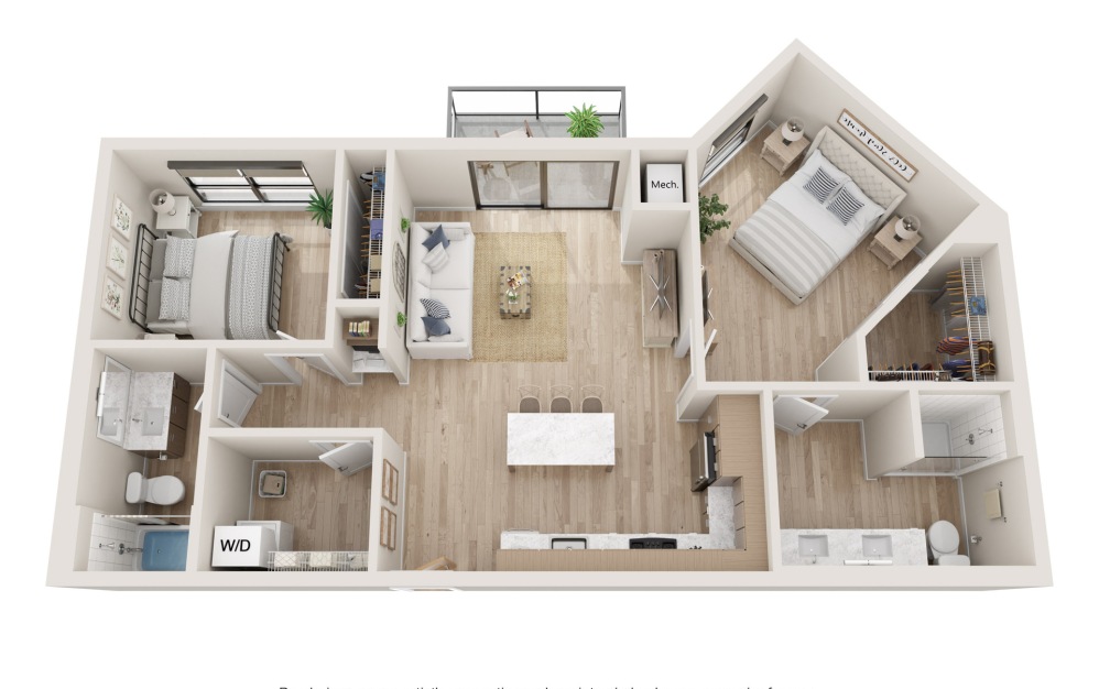 Alliance : R - 2 bedroom floorplan layout with 2 bathrooms and 1023 square feet (3D)