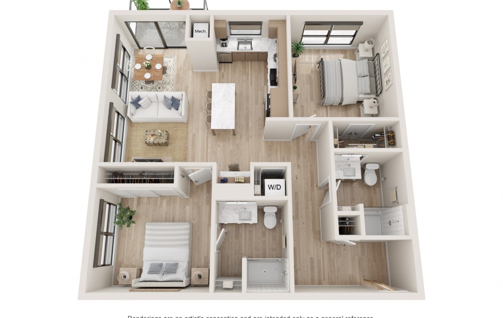 Stability - 2 bedroom floorplan layout with 2 baths and 1034 square feet. (3D)