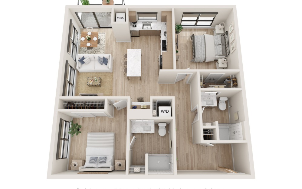 Stability - 2 bedroom floorplan layout with 2 bathrooms and 1034 square feet (3D)