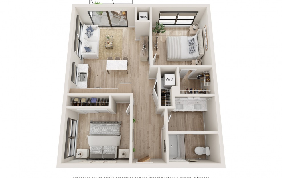 Parallel - 2 bedroom floorplan layout with 1 bath and 825 square feet. (3D)