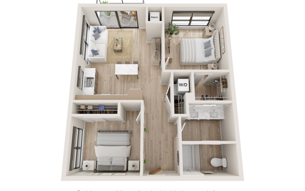 Parallel - 2 bedroom floorplan layout with 1 bathroom and 825 square feet (3D)