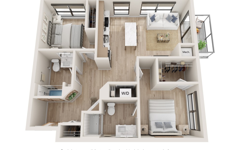 Balance - 2 bedroom floorplan layout with 2 bathrooms and 988 square feet (3D)