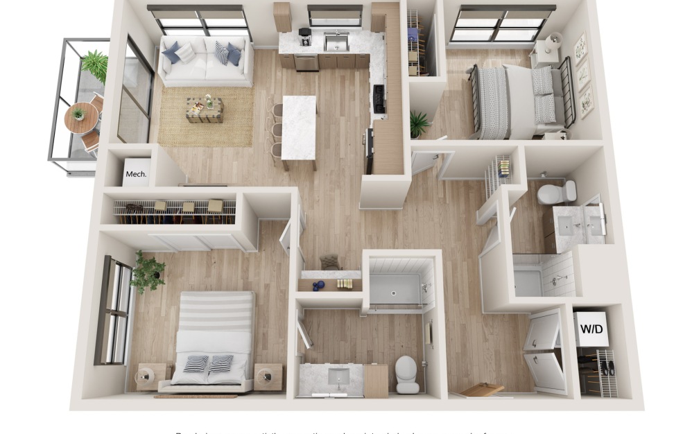 Reflection - 2 bedroom floorplan layout with 2 bathrooms and 935 square feet (3D)