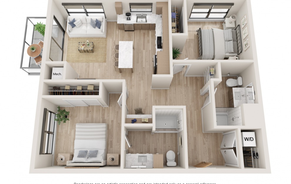 Reflection - 2 bedroom floorplan layout with 2 baths and 935 square feet. (3D)