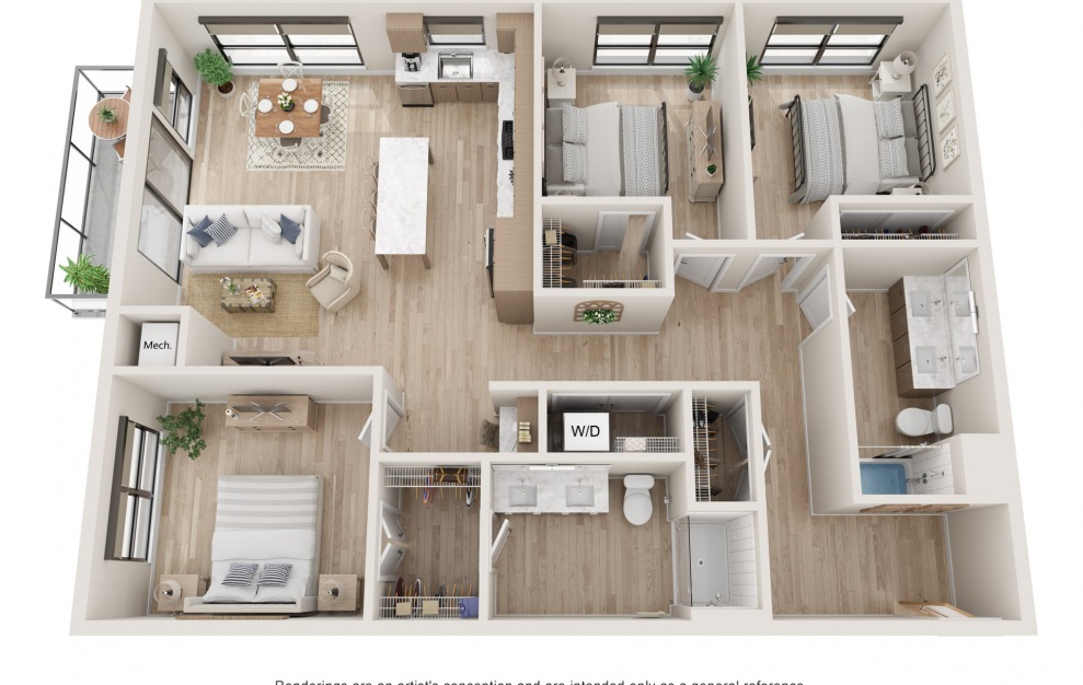Horizon - 3 bedroom floorplan layout with 2 baths and 1424 square feet. (3D)