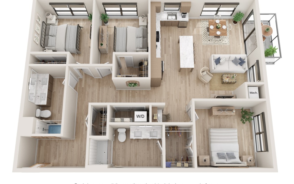 Horizon : R - 3 bedroom floorplan layout with 2 bathrooms and 1414 square feet (3D)