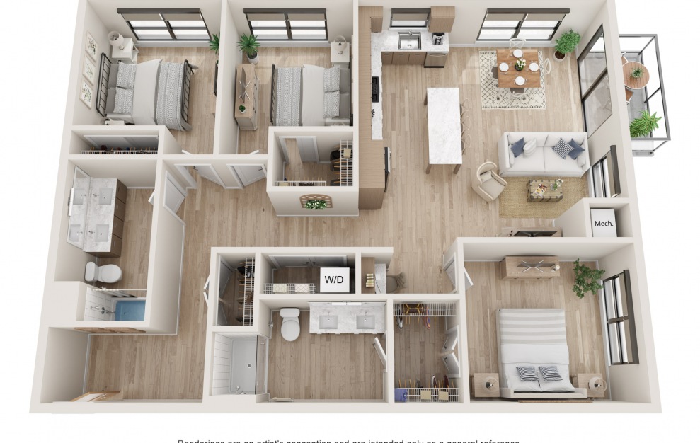 Horizon : R - 3 bedroom floorplan layout with 2 baths and 1414 square feet. (3D)