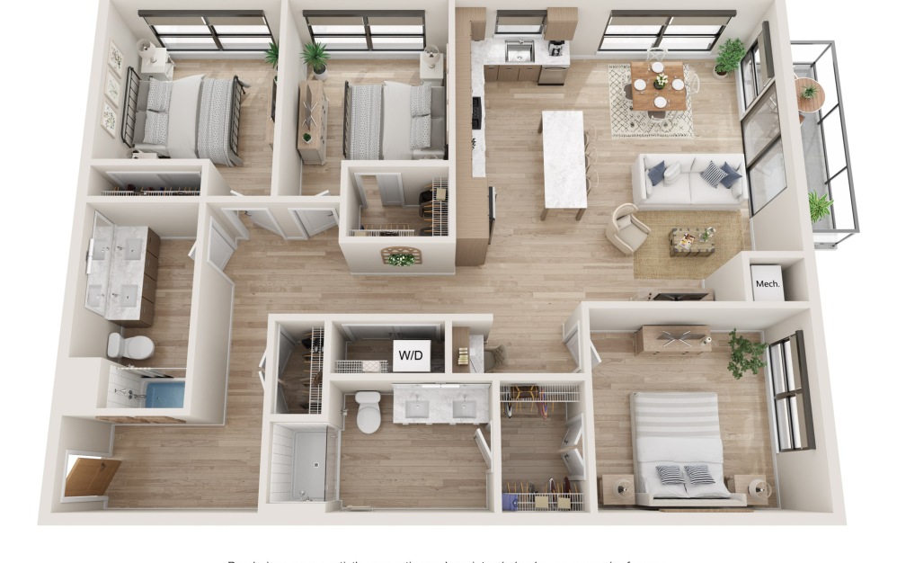 Voyage - 3 bedroom floorplan layout with 2 bathrooms and 1424 square feet (3D)