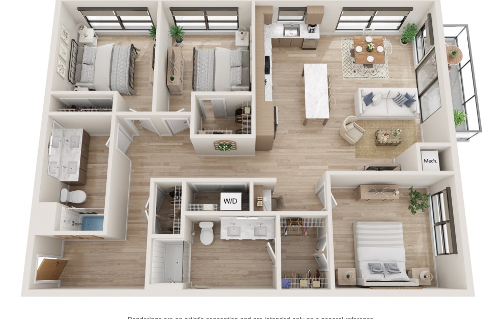 Voyage - 3 bedroom floorplan layout with 2 baths and 1424 square feet. (3D)