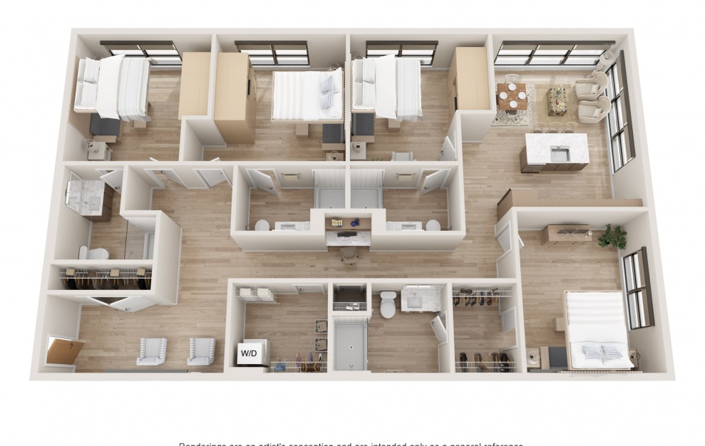 Quantum : Co-Living - 1 bedroom floorplan layout with 1 bath and 443 square feet. (3D)