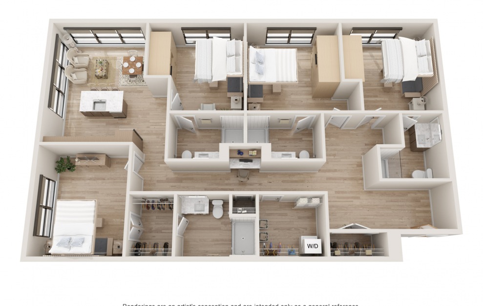 Quantum : Co-Living : R - 1 bedroom floorplan layout with 1 bath and 445 square feet. (3D)