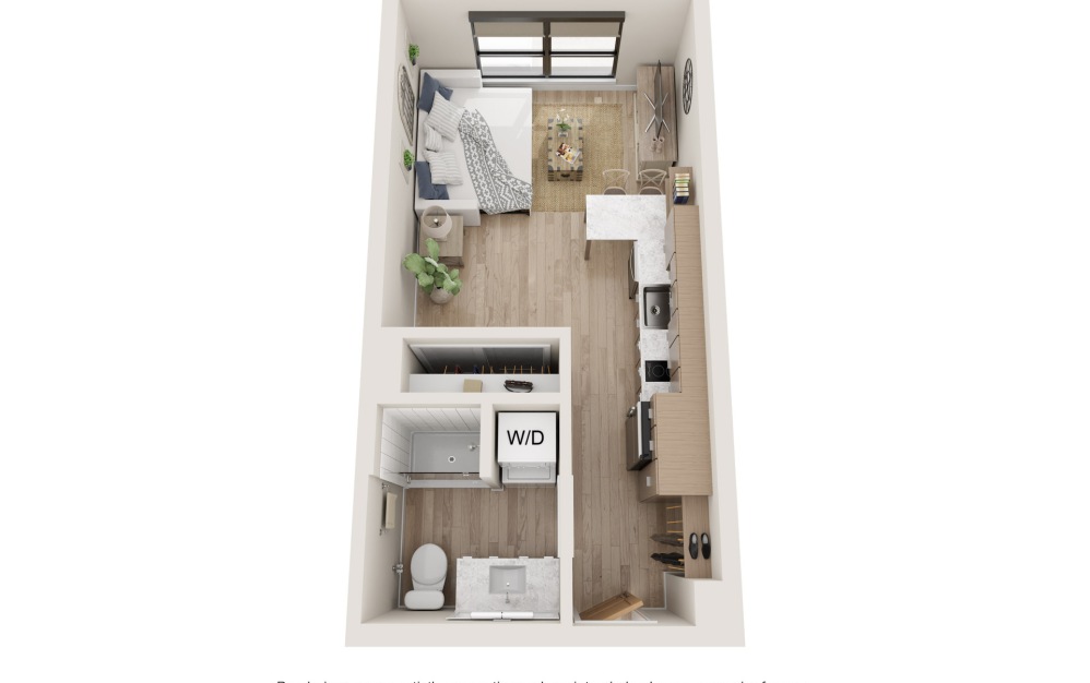 Kindred - Studio floorplan layout with 1 bathroom and 447 square feet (3D)