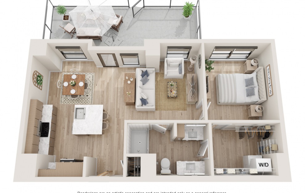 Spectrum - 1 bedroom floorplan layout with 1 bath and 858 square feet. (3D)